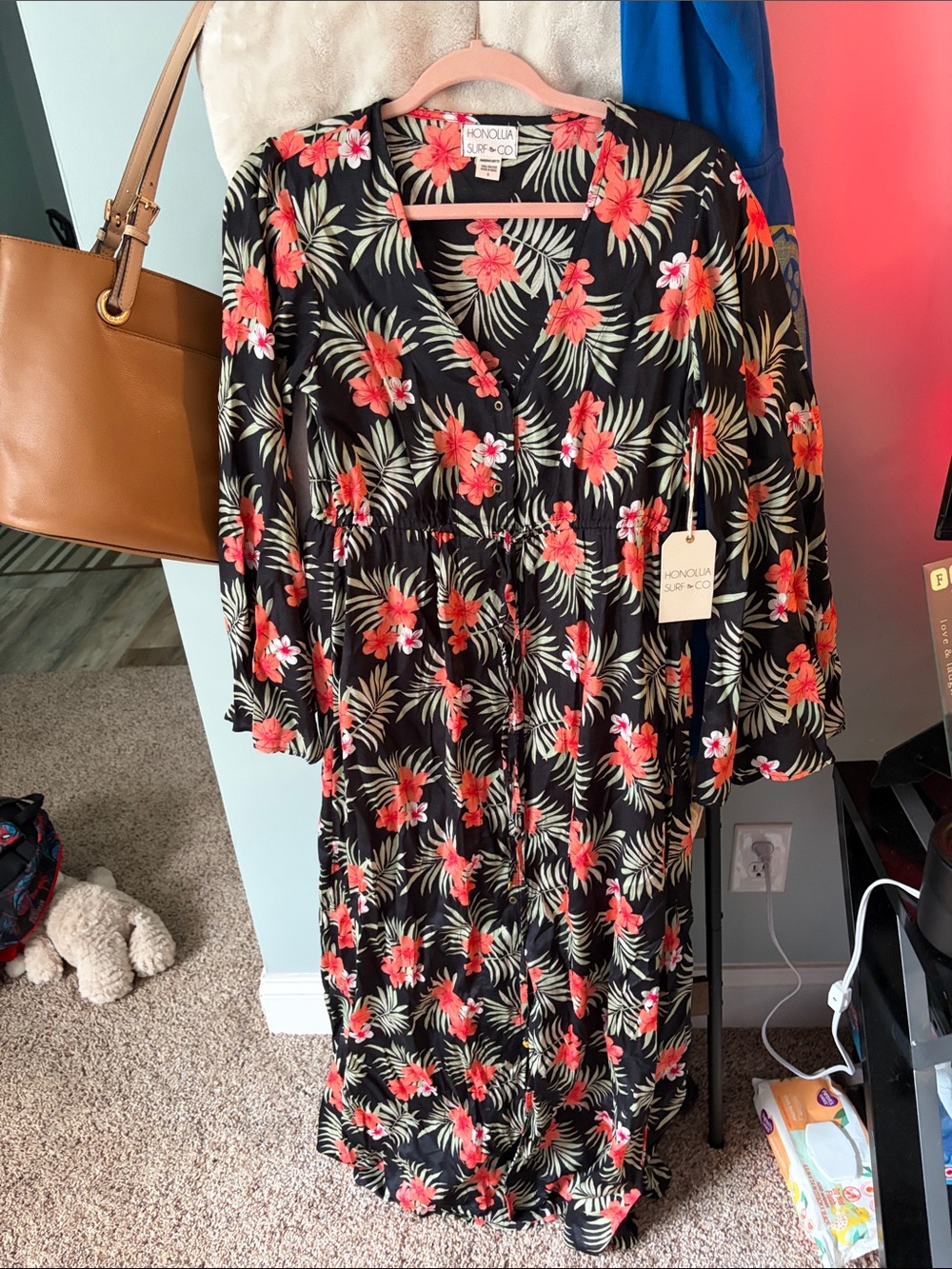 Honolua Surf Co. Black Maxi Dress with Coral Floral Print